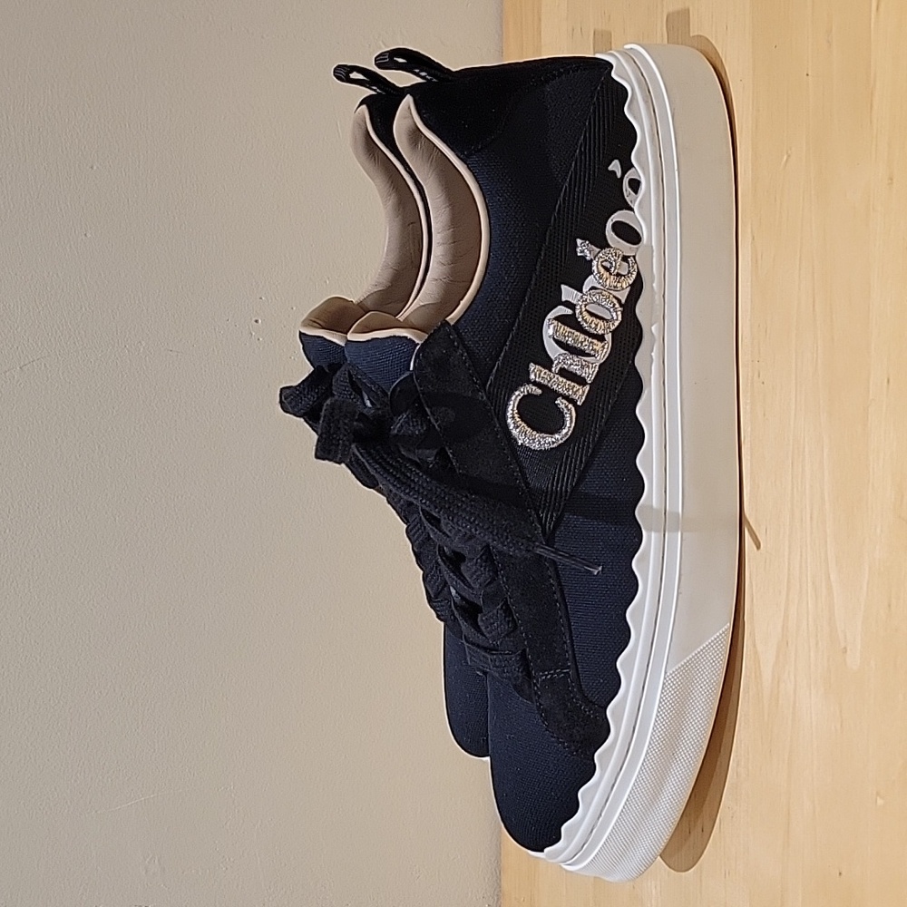 Chloe Lauren Black Canvas Embroidered Logo Sneakers